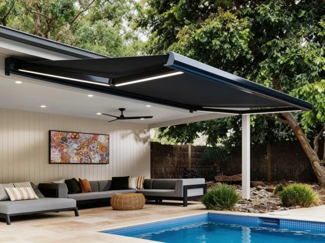 Folding arm awning over an outdoor lounge beside a pool