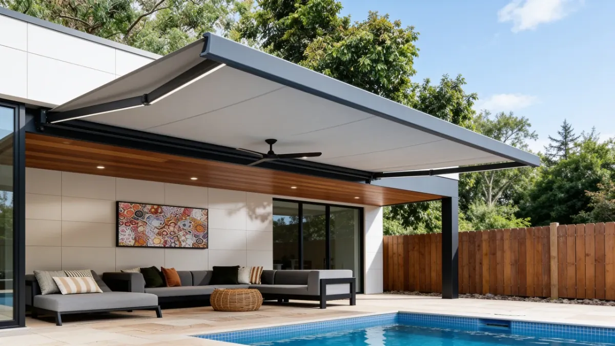 Folding arm awning extended over a poolside patio