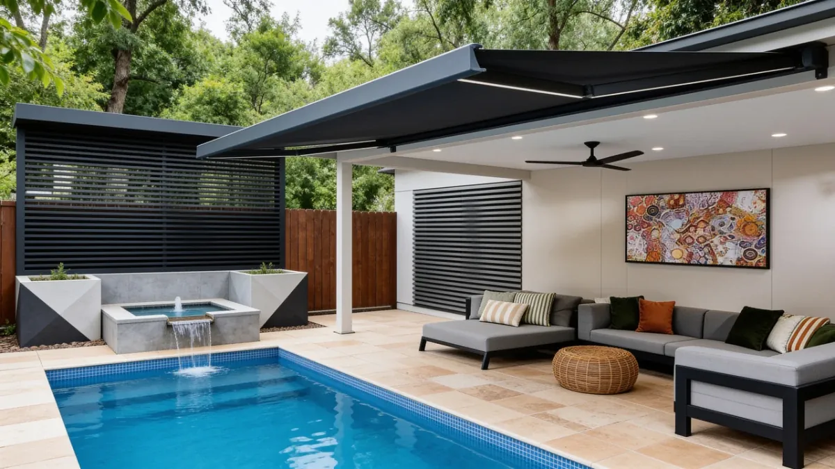 Dark folding arm awning shading a pool area