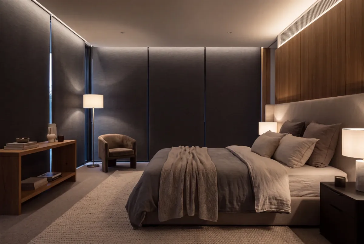 Blockout blinds in a dark bedroom with timber panelling