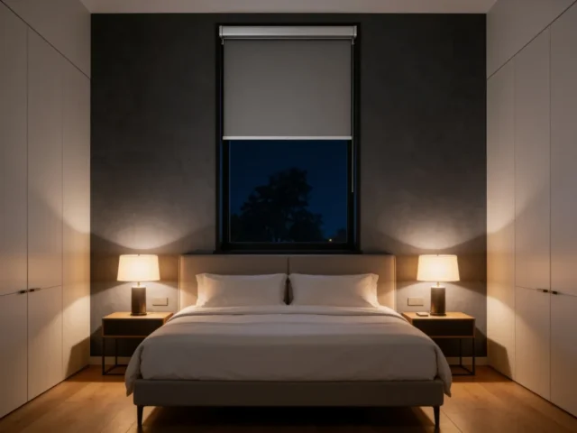 Blockout blind on a bedroom window with bedside lamps