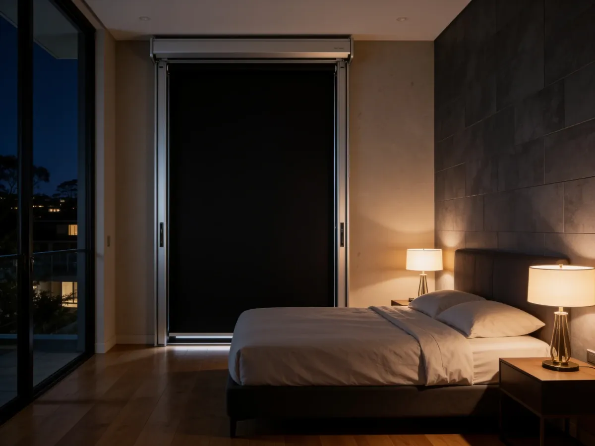 Blockout blind fully lowered on a tall bedroom window