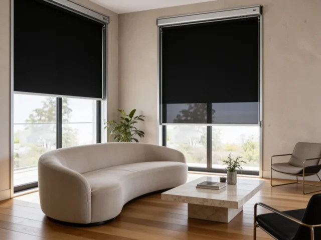 Blockout blinds in a living room with a curved sofa
