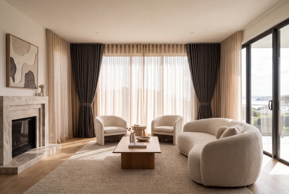 Sheer curtains layered with dark drapes in a living room