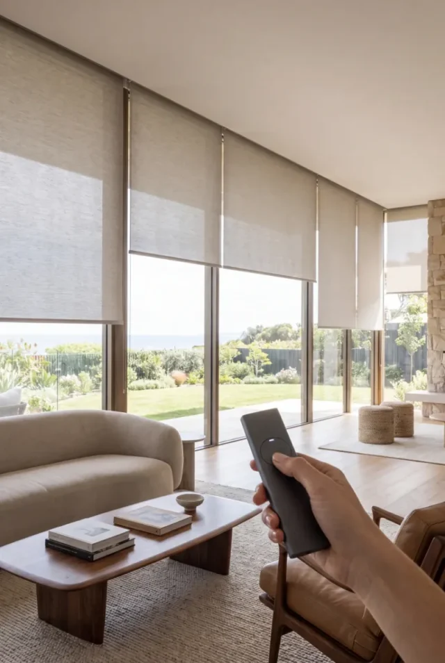 Hand holding a remote control for motorised blinds