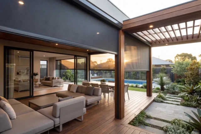 Outdoor blinds lowered along a covered alfresco area at dusk