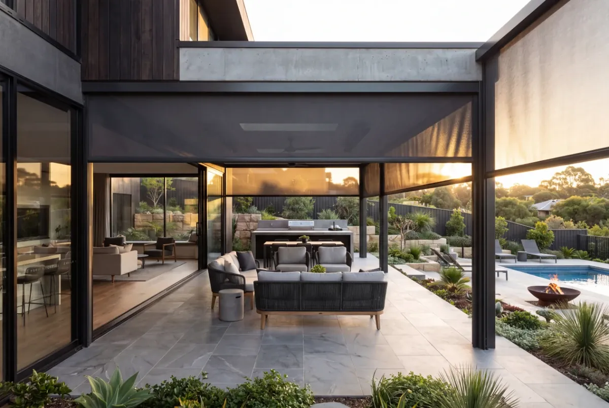 Outdoor blinds framing a paved entertaining area and pool