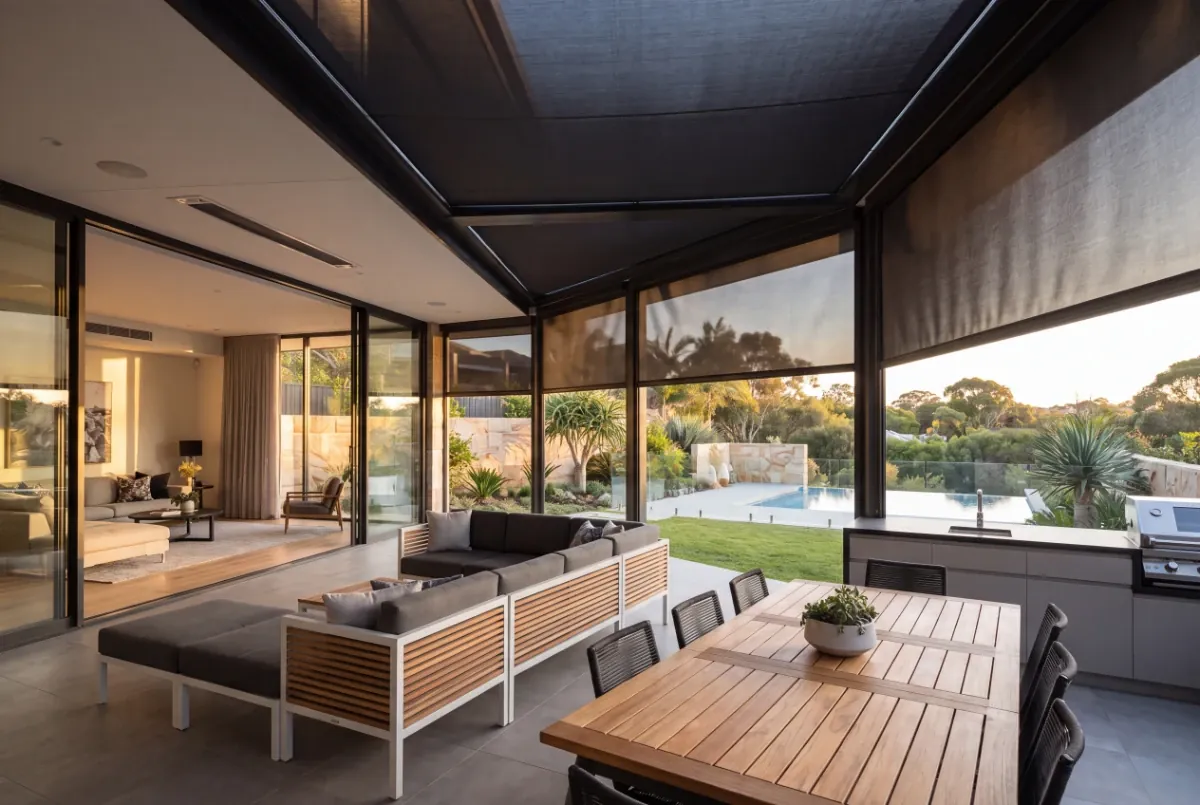Outdoor blinds over an alfresco dining table