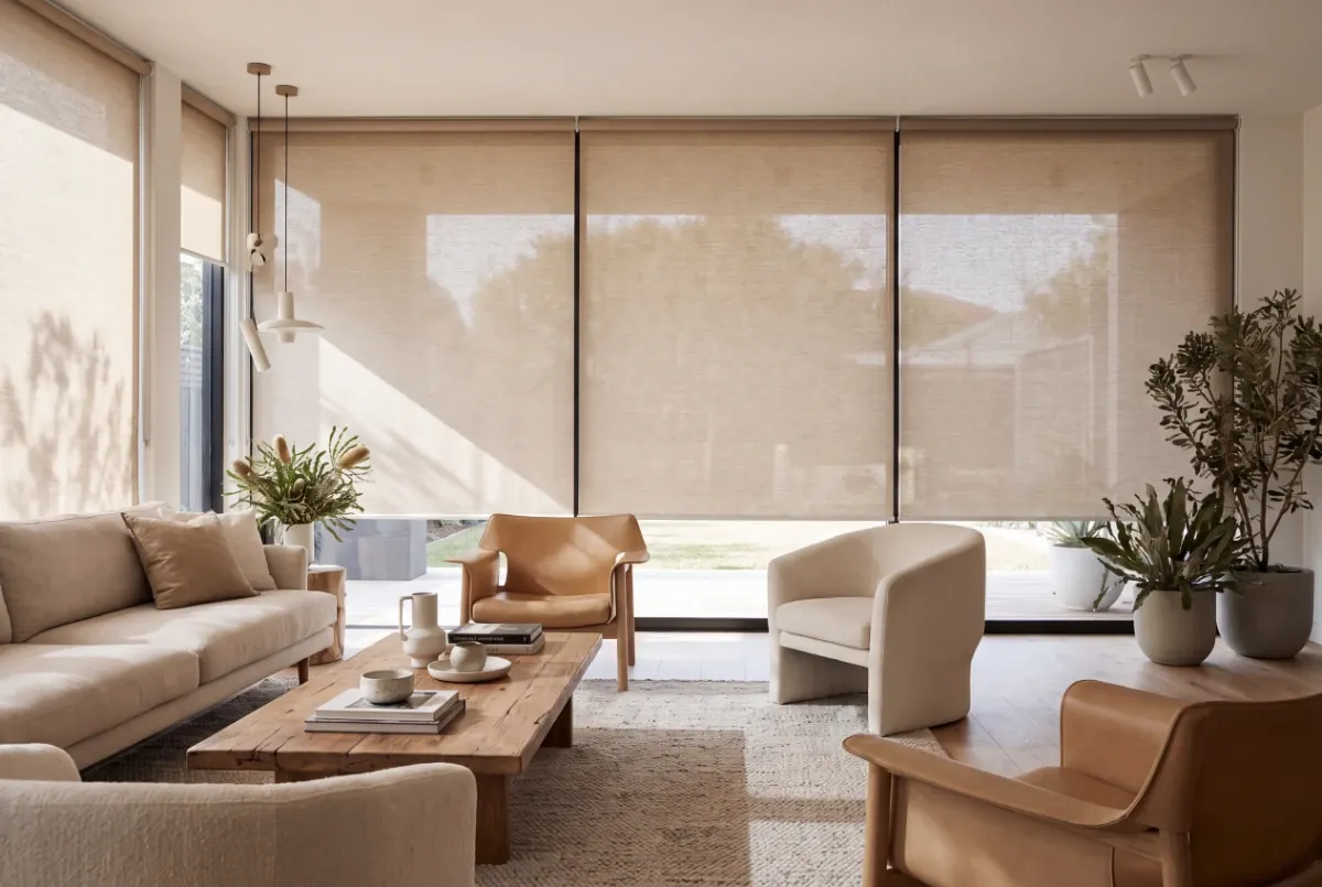 Light-filtering roller blinds across a living room window