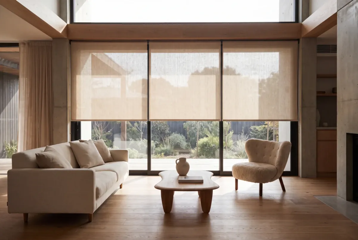 Roller blinds in a timber-framed living room