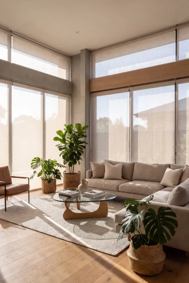 Roller blinds in a high-ceilinged living room