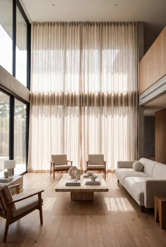 Double-height sheer curtains in a living room