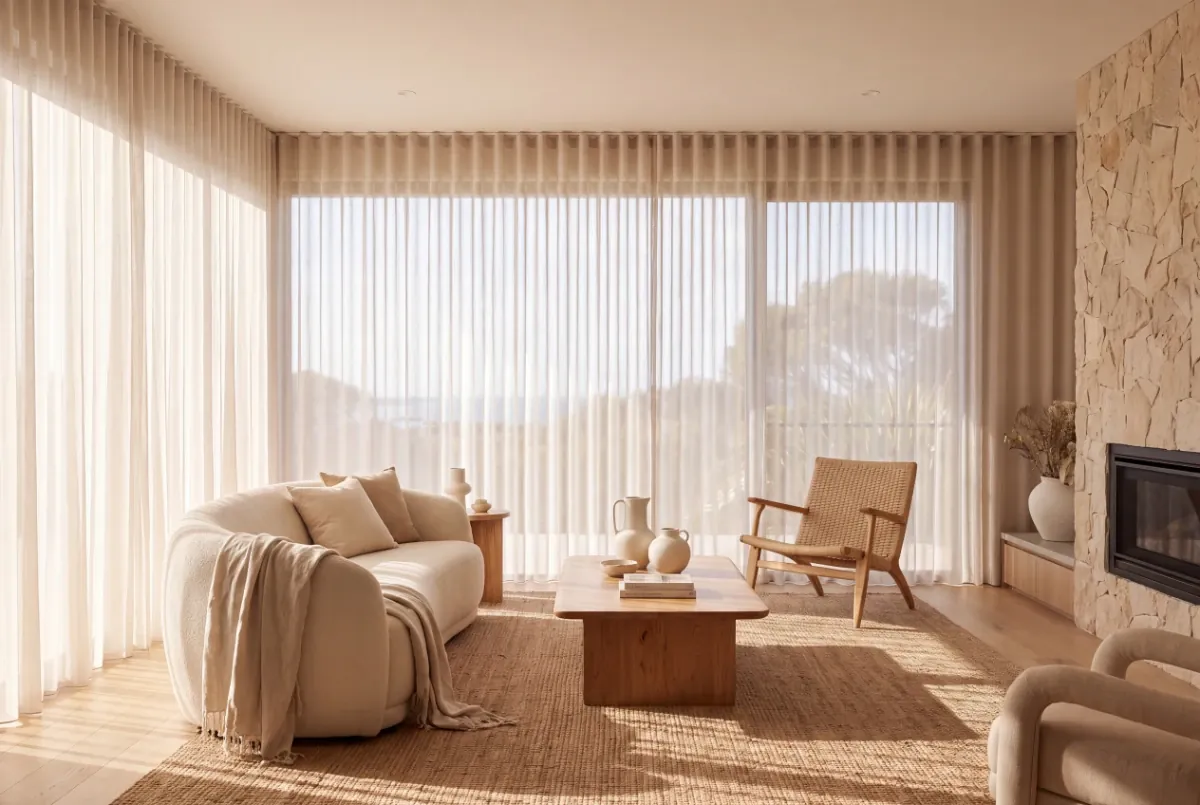 Sheer curtains filtering daylight in a living room