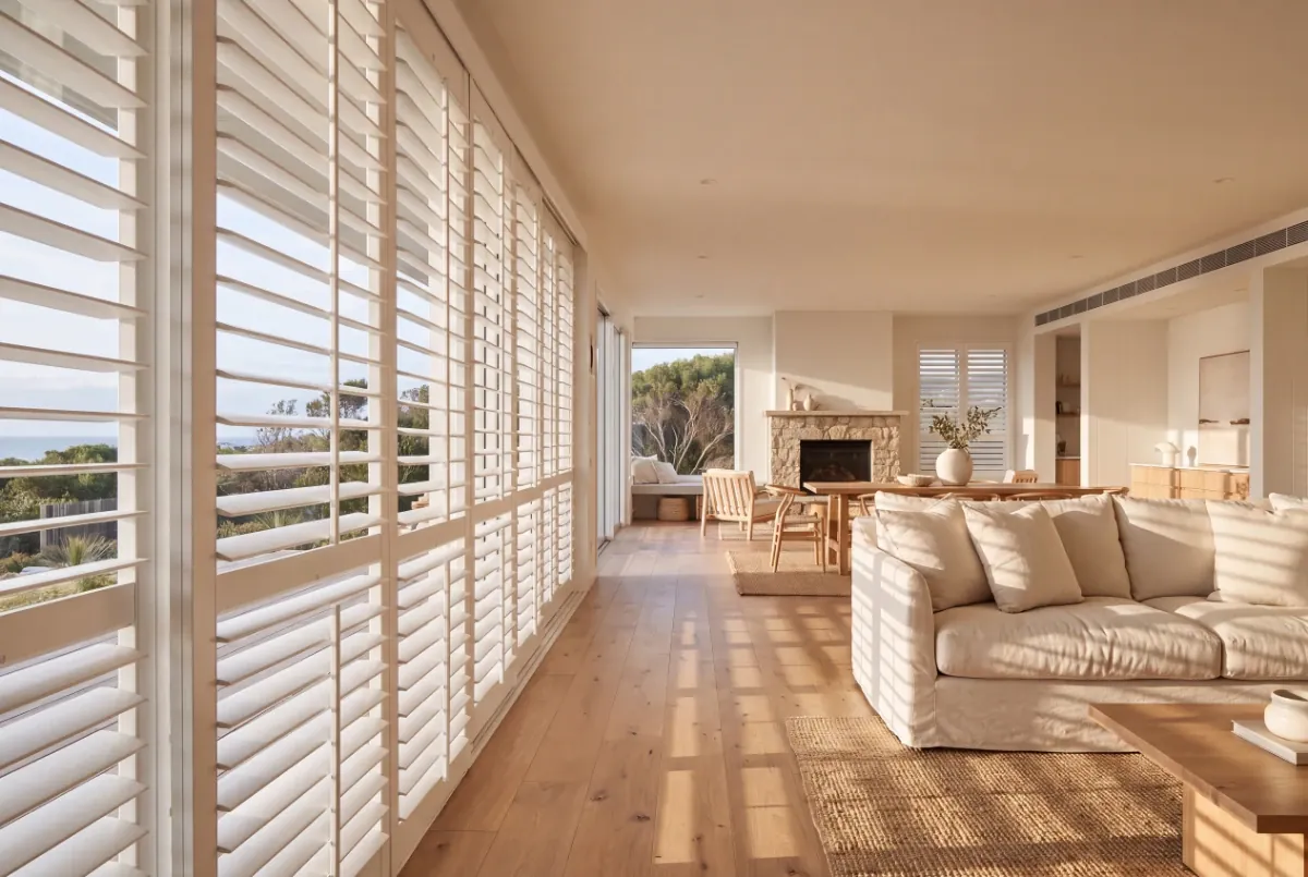 White plantation shutters along a living room wall