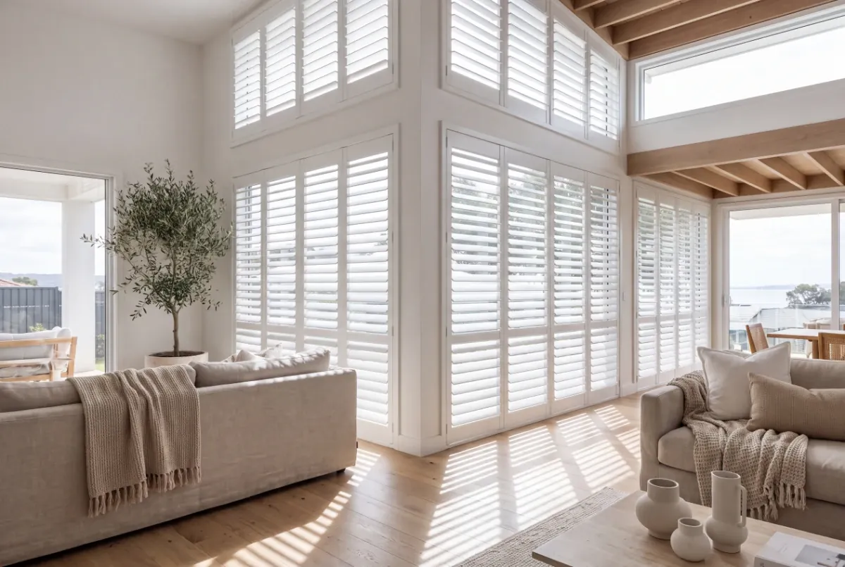 Plantation shutters on double-height windows