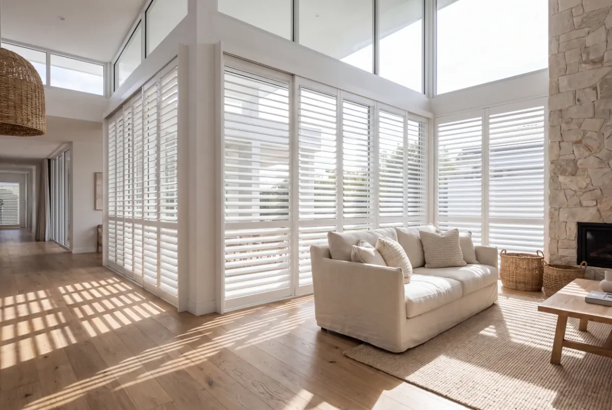 Plantation shutters casting light across a timber floor