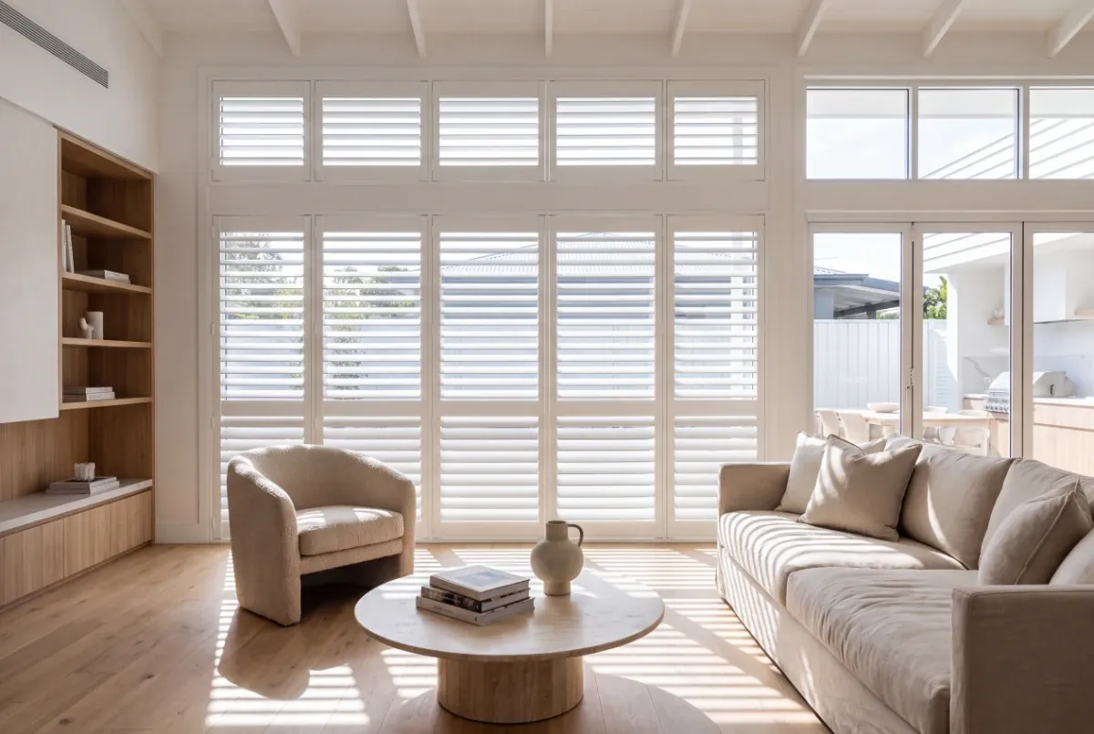 Plantation shutters in a bright living room